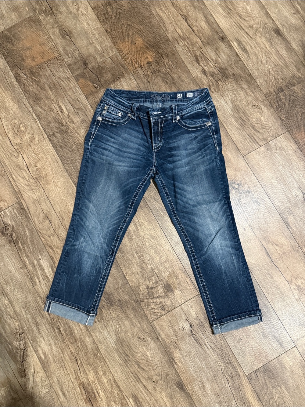Miss Me Dark Blue Cropped Jeans with Rolled Cuffs